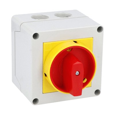 Enclosed rotary cam switch 7GN series, ON-OFF switch 1 pole 20A in plastic enclosure 90X90mm with red/yellow handle