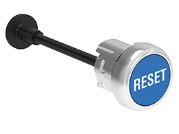 Mechanical RESET button, complete unit, spring return Ø22mm Platinum series metal, flush. Adjustable length 0...150mm/5.9in, blue with "RESET" caption