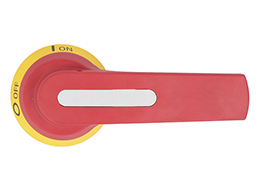Door-coupling handle. For GMF J400. Screw fixing. 125mm/4.92” lever length pistol handle - defeatable (req. UL508A). Red/yellow. □12mm/0.47”