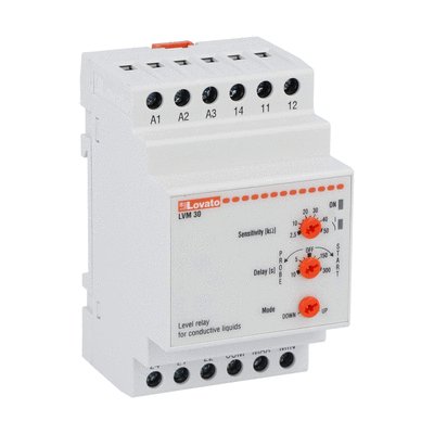 Level monitoring relay, modular version, dual-voltage. Emptying or filling function. Automatic resetting, 24/220...240VAC