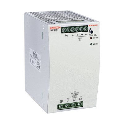 DIN rail switching power supply, three-phase. 24VDC, 5A/120W