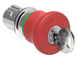 Mushroom head pushbutton actuator Ø22mm Platinum series metal, latch, turn key to release, Ø40mm. For emergency stopping. ISO 13850. Red.