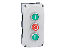 Grey control station LPZP3A8 complete with green flush pushbutton "I" LPCB1113 1NO, red extended pushbutton "O" LPCB2104 1NC and green flush pushbutton "II" LPCB1123 1NO