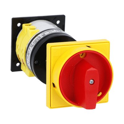 Rotary cam switch 7GN series, ON-OFF switch 4 poles 40A, for rear mounting with red/yellow handle padlockable in 0, door coupling and protection covers, front plate 65X65mm