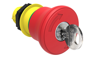 Mushroom head pushbutton actuator Ø22mm Platinum series chromed plastic, latch, turn key to release, Ø40mm. For emergency stopping. ISO 13850. Red