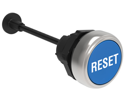 Mechanical RESET button, complete unit, spring return Ø22mm Platinum series chromed plastic, flush. Adjustable length 0...150mm/5.9in, blue with "RESET" caption