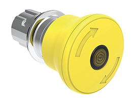 Illuminated mushroom head button actuator Ø22mm Platinum series metal, latch, turn to release, Ø40mm. For normal stopping. Yellow