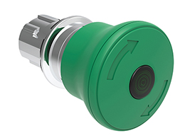 Illuminated mushroom head button actuator Ø22mm Platinum series metal, latch, turn to release, Ø40mm. For normal stopping. Green