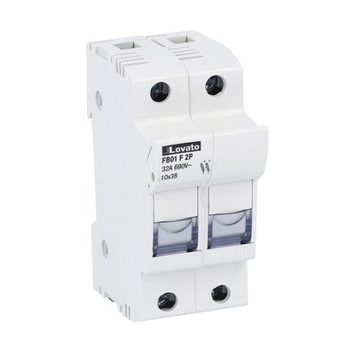 Fuse holder UL recognized and CSA certified, for 10X38mm fuses. 32A rated current at 690VAC, 2P. Without status indicator. 2 modules