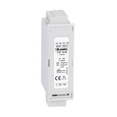 Expansion module EXP series for flush-mount products, 2 opto-isolated digital inputs and 2 relay outputs, rated 5A 250VAC