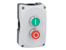 Grey control station LPZP2A8 complete with green flush pushbutton "I" LPCB1113 1NO and red extended pushbutton "O" LPCB2104 1NC