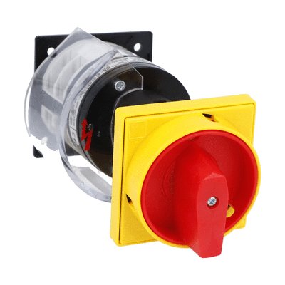Rotary cam switch 7GN series, ON-OFF switch 4 poles 32A, for rear mounting with red/yellow handle padlockable in 0, door coupling and protection covers, front plate 65X65mm