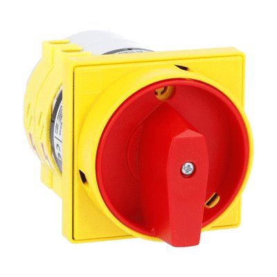 Rotary cam switch 7GN series, ON-OFF switch 3 poles 40A, for front mounting with red/yellow handle padlockable in 0 and protection covers, front plate 65X65mm