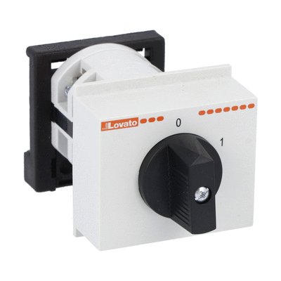 Rotary cam switch 7GN series, ON-OFF switch 2 poles 25A, modular service cover for 35mm DIN reail mounting with black handle, front plate 45X54mm