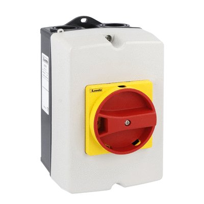 IEC/EN type IP65 non-metallic enclosure switch disconnector, three-pole. With rotating red/yellow handle, 25A