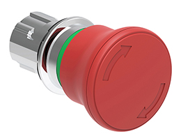 Tlačítkový ovladač s hřibovým knoflíkem, kovová řada Ø22mm Platinum, uvolnit otočením, červený ovladač Ø40mm pro bezp. STOP IS0 13850