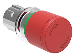 Tlačítkový ovladač s hřibovým knoflíkem, kovová řada Ø22mm Platinum, uvolnit otočením, červený ovladač Ø30mm pro bezp. STOP IS0 13850