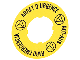 Kruhový výstražný štítek pro hřibové ovladače, ARRET D’URGENCE/NOT-AUS/ PARO EMERGENCIA Ø60mm/2.4IN