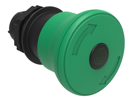 Podsvícený hřibový tlačítkový ovladač Ø22mm řada Platinum chromovaný plast, uvolnit otočením, Ø40mm. pro normální STOP. zelený
