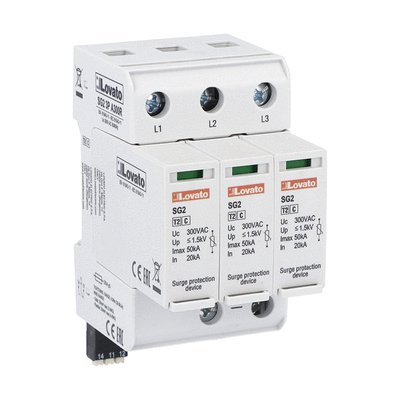 Přepěťová ochranná zařízení, Typ 2, Provedení s odnímatelnými moduly, Jmenovitý výbojový proud In (8/20μs) 20kA/pól, 3P, kontakt pro dálkovou signalizaci stavu