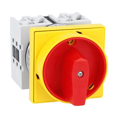 Rotary cam switch GX series, ON-OFF switch 3 poles 32A, for front mounting with red/yellow handle padlockable in 0 and protection covers, front plate 65X65mm