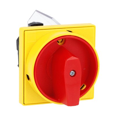 Rotary cam switch 7GN series, ON-OFF switch 2 poles 20A, for front mounting with red/yellow handle padlockable in 0 and protection covers, front plate 65X65mm