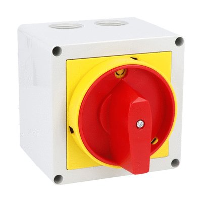 Enclosed rotary cam switch 7GN series, ON-OFF switch 3 pole 32A in plastic enclosure 90X90mm with red/yellow handle