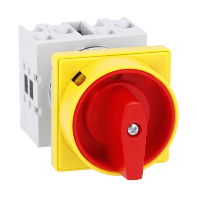 Rotary cam switch GX series, ON-OFF switch 3 poles 16A, for front mounting with red/yellow handle padlockable in 0 and protection covers, front plate 48X48mm