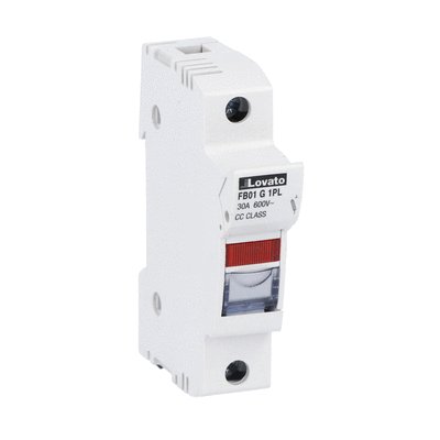 Fuse holder UL certified for class CC fuses for north american market, for 10X38mm fuses. 30A rated current at 690VAC, 1P. With status indicator. 1 module