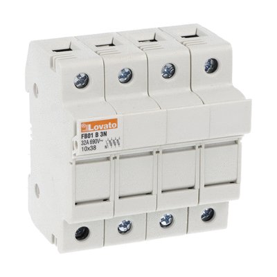 Fuse holder, for 10X38mm fuses. 32A rated current at 690VAC, 3P+N. Without status indicator. 4 modules