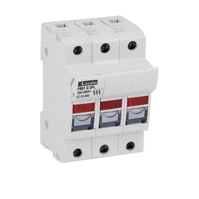 Fuse holder UL certified for class CC fuses for north american market, for 10X38mm fuses. 30A rated current at 690VAC, 3P. With status indicator. 3 modules