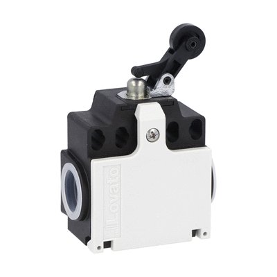 Limit switch, K series, roller side push lever, 2 side cable entry. Dimensions compatible to EN 50047, plastic body, contacts 1NO+1NC snap action. Plastic roller