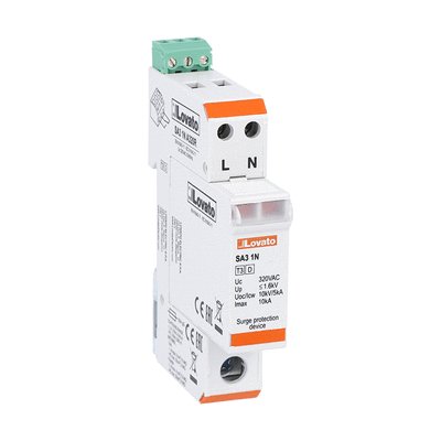 Surge protection device type 3, with plug-in cartridge, combination wave Uoc/Icw (1.2/50 μs, 8/20μs) 10kV/5kA, 1P+N, with remote contact