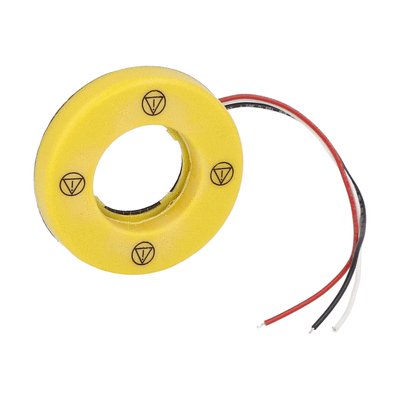 Ø60mm emergency illuminated disk for Ø22mm mushroom buttons, 24VAC/DC auxiliary supply, marked with IEC60417-5638 symbol.