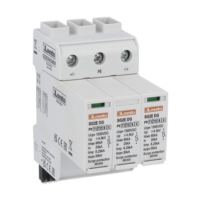 Surge protection device type 1,2 for photovoltaic applications with plug-in cartridge, Un 1500VDC, short-circuit current Iscpv 11kA, +, -, PE. With remote contact