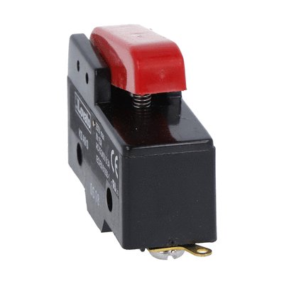 Plastic micro switch, K series, push button. Contacts 1NO/NC. Solder terminals