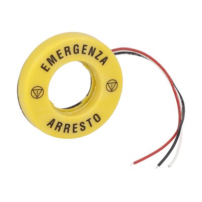 Ø60mm emergency illuminated disk for Ø22mm mushroom buttons, 24VAC/DC auxiliary supply, text: "EMERGENZA ARRESTO".