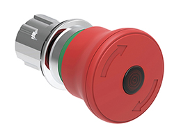 Illuminated mushroom head button actuator Ø22mm Platinum series metal, latch, turn to release, Ø40mm. For emergency stopping. ISO 13850. Red