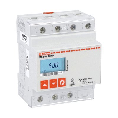 Energy meter, three-phase with neutral, non expandable, MID certified, 80A direct connection, 4U, 2 programmable static outputs, multi-measurements
