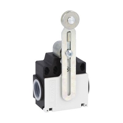 Limit switch, K series, adjustable roller lever, 2 side cable entry. Dimensions compatible to EN 50047, metal body, contacts 1NO+1NC snap action. Metal roller