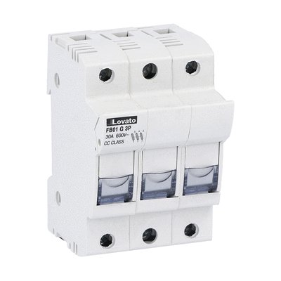 Fuse holder UL certified for class CC fuses for north american market, for 10X38mm fuses. 30A rated current at 690VAC, 3P. Without status indicator. 3 modules