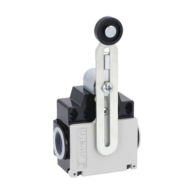 Limit switch, K series, adjustable roller lever, 2 side cable entry. Dimensions compatible to EN 50047, plastic body, contacts 1NO+1NC snap action. Metal roller