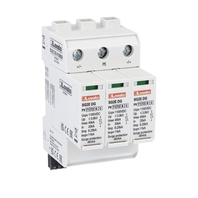 Surge protection device type 1,2 for photovoltaic applications with plug-in cartridge, Un 1100VDC, short-circuit current Iscpv 11kA, +, -, PE. With remote contact