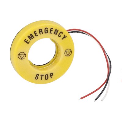 Ø60mm emergency illuminated disk for Ø22mm mushroom buttons, 24VAC/DC auxiliary supply, text: "EMERGENCY STOP".