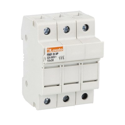 Fuse holder, for 10X38mm fuses. 32A rated current at 690VAC, 3P. Without status indicator. 3 modules