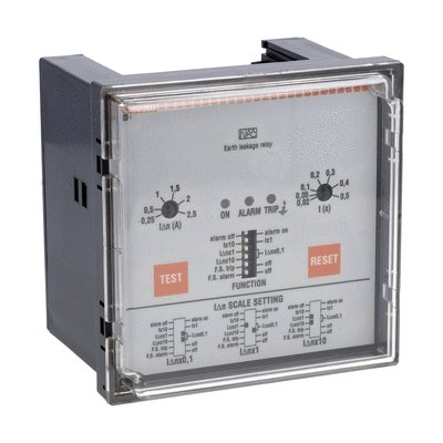 Earth leakage relay with 2 operatin thresholds, flush-mount. External CT. Fail safe, 110VAC/DC-240VAC-415VAC