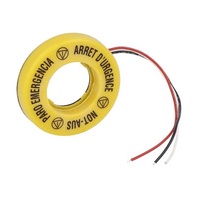 Ø60mm emergency illuminated disk for Ø22mm mushroom buttons, 24VAC/DC auxiliary supply, text: "ARRET D’URGENCE / NOT AUS / PARO EMERGENCIA".