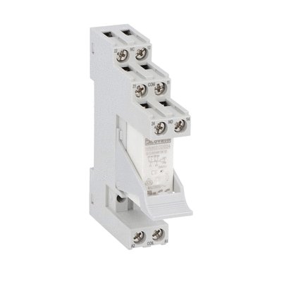 Assembled miniature relay, 24VDC, 8A, 2C/O contact. Screw terminals with retain/release clip