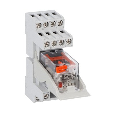Assembled industrial relay with LED state indicator and mechanical actuator, 24VAC, 5A, 4 C/O contact. Screw terminals with retain/release clip