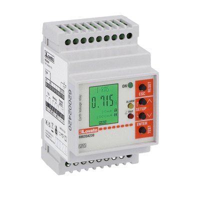 Earth leakage relay type A, 2 operating thresholds, modular with display, external toroid, auxiliary supply 230VAC